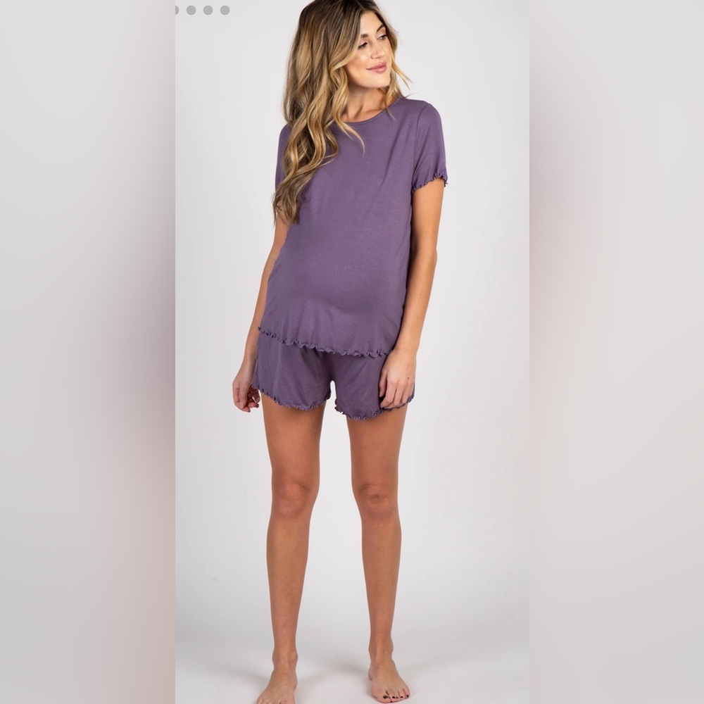Pink Blush Lavender Ruffle Trim Maternity Pajama Set